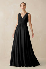 Deep V - Neck Pleated A - Line Chiffon Bridesmaid Dress in Black - KISS BRIDAL Bridesmaid Dresses