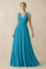 Deep V - Neck Pleated A - Line Chiffon Bridesmaid Dress in Blue Jay - KISS BRIDAL Bridesmaid Dresses