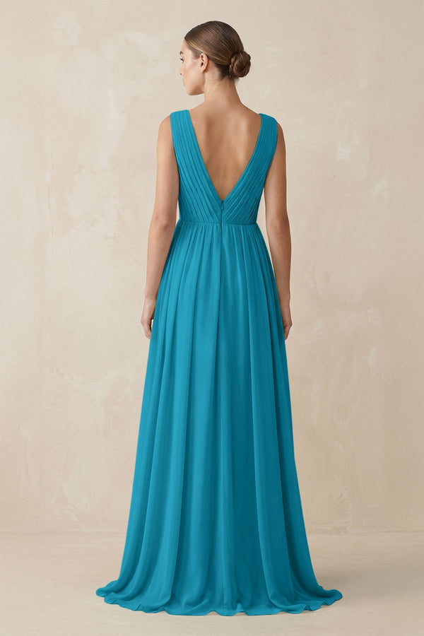 Deep V - Neck Pleated A - Line Chiffon Bridesmaid Dress in Blue Jay - SHE IS ME Bridesmaid Dresses