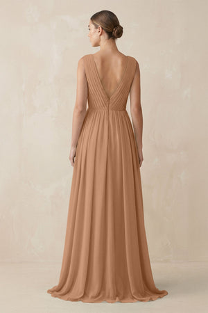 Deep V - Neck Pleated A - Line Chiffon Bridesmaid Dress in Bronzer - SHE IS ME Bridesmaid Dresses