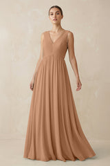 Deep V - Neck Pleated A - Line Chiffon Bridesmaid Dress in Bronzer - KISS BRIDAL Bridesmaid Dresses