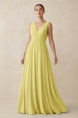 Deep V - Neck Pleated A - Line Chiffon Bridesmaid Dress in Buttercup - KISS BRIDAL Bridesmaid Dresses