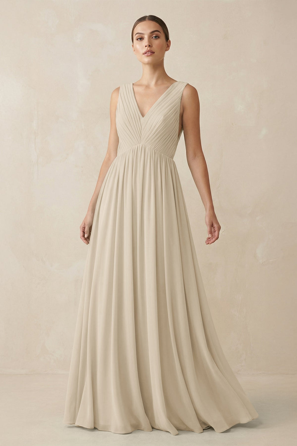 Deep V - Neck Pleated A - Line Chiffon Bridesmaid Dress in Champagne - SHE IS ME Bridesmaid Dresses