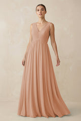 Deep V - Neck Pleated A - Line Chiffon Bridesmaid Dress in Champagne Rose - KISS BRIDAL Bridesmaid Dresses