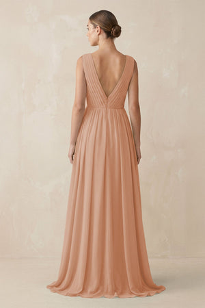 Deep V - Neck Pleated A - Line Chiffon Bridesmaid Dress in Champagne Rose - SHE IS ME Bridesmaid Dresses