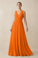 Deep V - Neck Pleated A - Line Chiffon Bridesmaid Dress in Cinnamon - SHE IS ME Bridesmaid Dresses