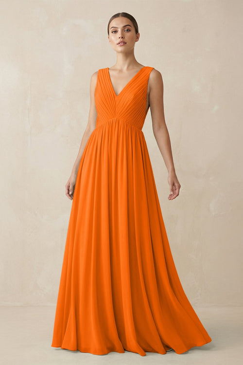 Deep V - Neck Pleated A - Line Chiffon Bridesmaid Dress in Cinnamon - SHE IS ME Bridesmaid Dresses