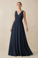 Deep V - Neck Pleated A - Line Chiffon Bridesmaid Dress in Dark Navy - KISS BRIDAL Bridesmaid Dresses