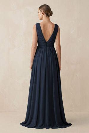 Deep V - Neck Pleated A - Line Chiffon Bridesmaid Dress in Dark Navy - SHE IS ME Bridesmaid Dresses