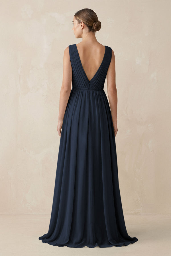 Deep V - Neck Pleated A - Line Chiffon Bridesmaid Dress in Dark Navy - SHE IS ME Bridesmaid Dresses