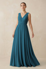 Deep V - Neck Pleated A - Line Chiffon Bridesmaid Dress in Dark Teal - KISS BRIDAL Bridesmaid Dresses