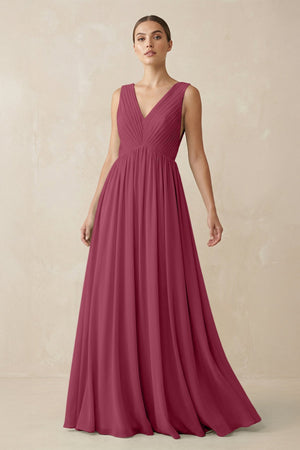 Deep V - Neck Pleated A - Line Chiffon Bridesmaid Dress in Desert Rose - SHE IS ME Bridesmaid Dresses