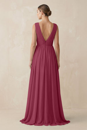 Deep V - Neck Pleated A - Line Chiffon Bridesmaid Dress in Desert Rose - SHE IS ME Bridesmaid Dresses