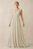 Deep V - Neck Pleated A - Line Chiffon Bridesmaid Dress in Dove Gray - SHE IS ME Bridesmaid Dresses