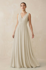 Deep V - Neck Pleated A - Line Chiffon Bridesmaid Dress in Dove Gray - KISS BRIDAL Bridesmaid Dresses