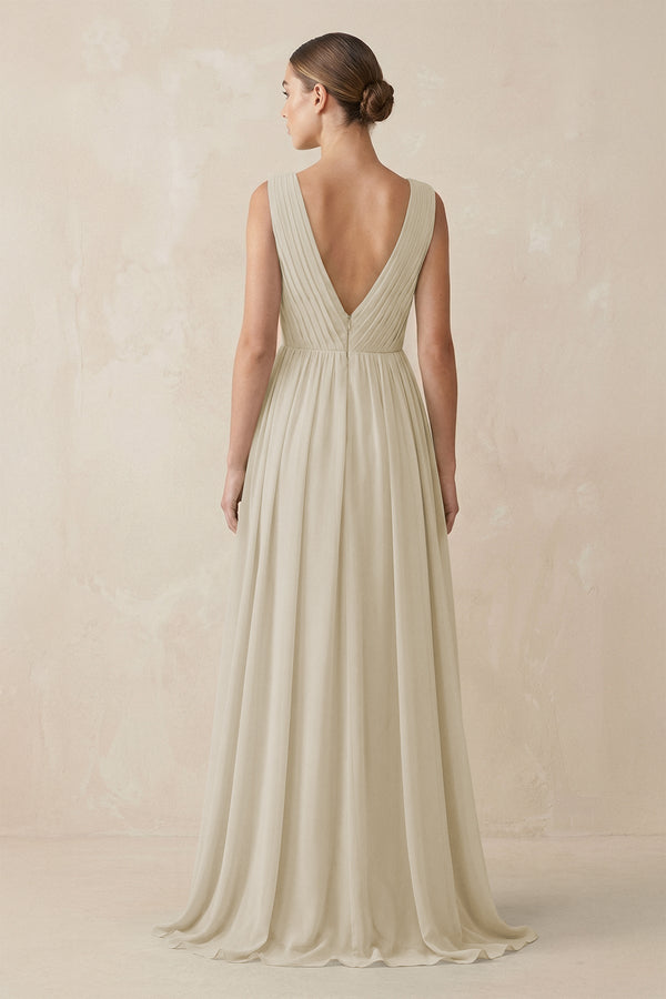 Deep V - Neck Pleated A - Line Chiffon Bridesmaid Dress in Dove Gray - SHE IS ME Bridesmaid Dresses