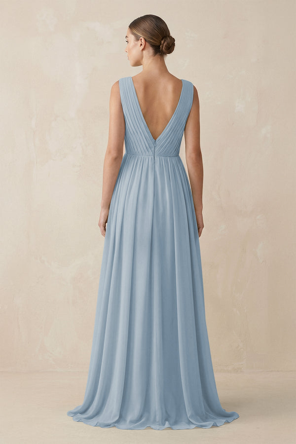 Deep V - Neck Pleated A - Line Chiffon Bridesmaid Dress in Dusty Blue - SHE IS ME Bridesmaid Dresses