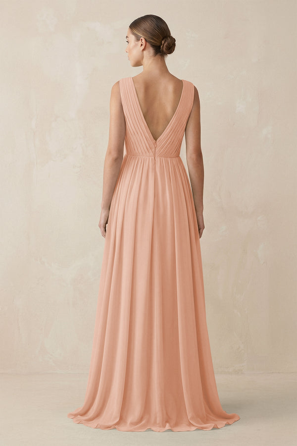 Deep V - Neck Pleated A - Line Chiffon Bridesmaid Dress in English Rose - SHE IS ME Bridesmaid Dresses