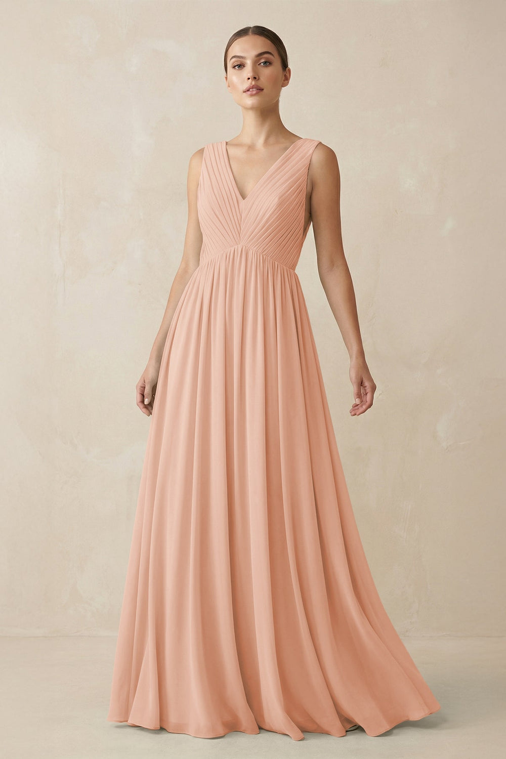 Deep V - Neck Pleated A - Line Chiffon Bridesmaid Dress in English Rose - SHE IS ME Bridesmaid Dresses