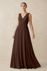 Deep V - Neck Pleated A - Line Chiffon Bridesmaid Dress in Espresso - KISS BRIDAL Bridesmaid Dresses