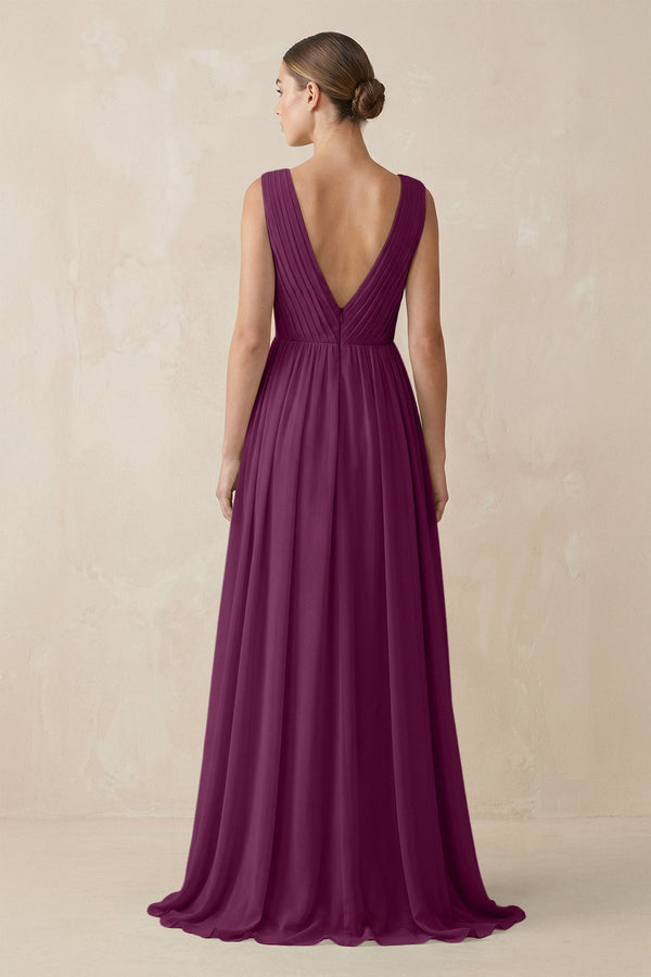 Deep V - Neck Pleated A - Line Chiffon Bridesmaid Dress in Fig - SHE IS ME Bridesmaid Dresses