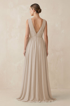 Deep V - Neck Pleated A - Line Chiffon Bridesmaid Dress in Frost - SHE IS ME Bridesmaid Dresses