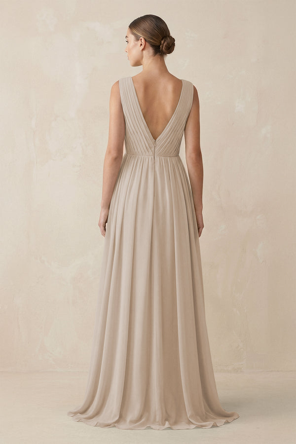 Deep V - Neck Pleated A - Line Chiffon Bridesmaid Dress in Frost - SHE IS ME Bridesmaid Dresses