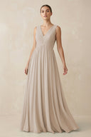 Deep V - Neck Pleated A - Line Chiffon Bridesmaid Dress in Frost - SHE IS ME Bridesmaid Dresses