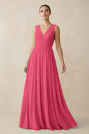 Deep V - Neck Pleated A - Line Chiffon Bridesmaid Dress in Fuchsia - SHE IS ME Bridesmaid Dresses