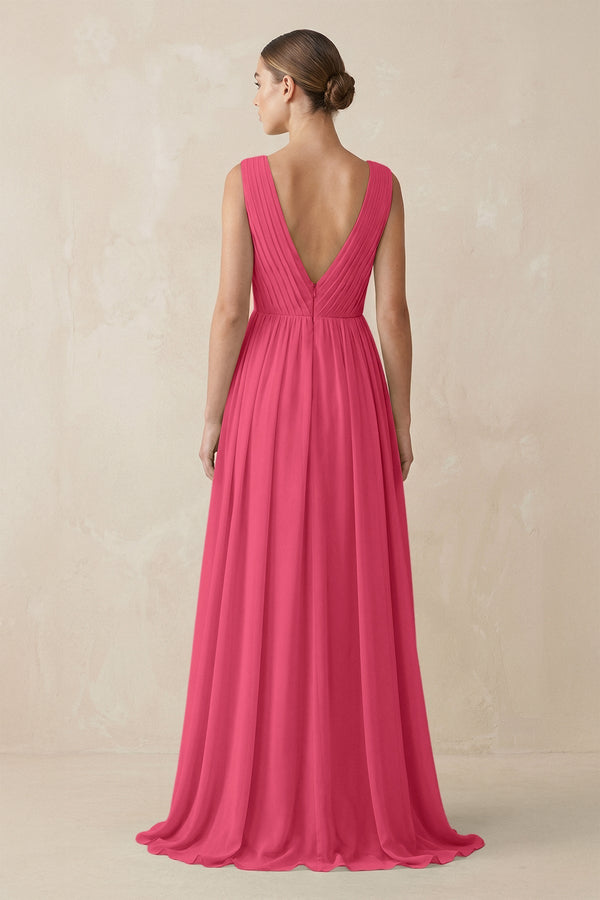 Deep V - Neck Pleated A - Line Chiffon Bridesmaid Dress in Fuchsia - SHE IS ME Bridesmaid Dresses