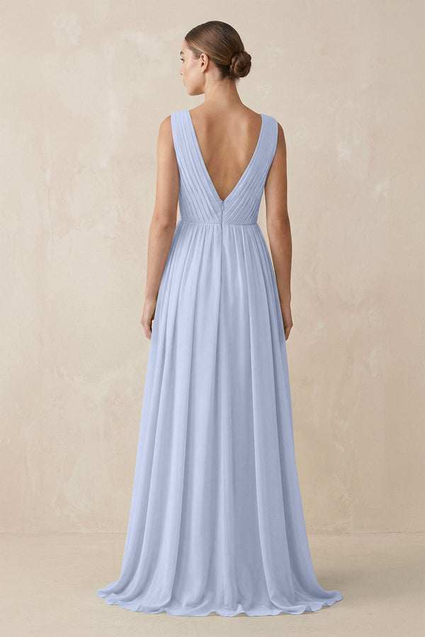 Deep V - Neck Pleated A - Line Chiffon Bridesmaid Dress in Ice - SHE IS ME Bridesmaid Dresses