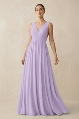 Deep V - Neck Pleated A - Line Chiffon Bridesmaid Dress in Lavender - KISS BRIDAL Bridesmaid Dresses