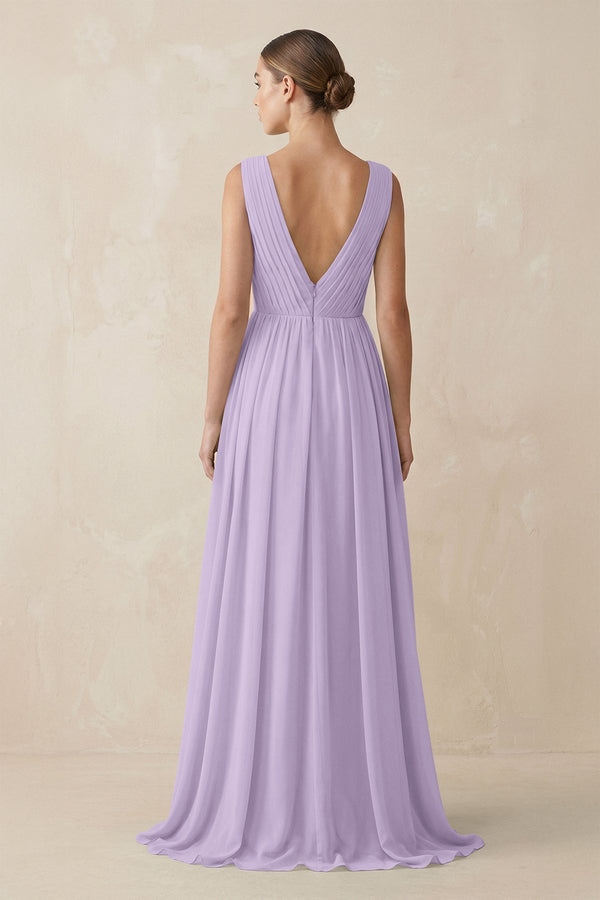 Deep V - Neck Pleated A - Line Chiffon Bridesmaid Dress in Lavender - SHE IS ME Bridesmaid Dresses