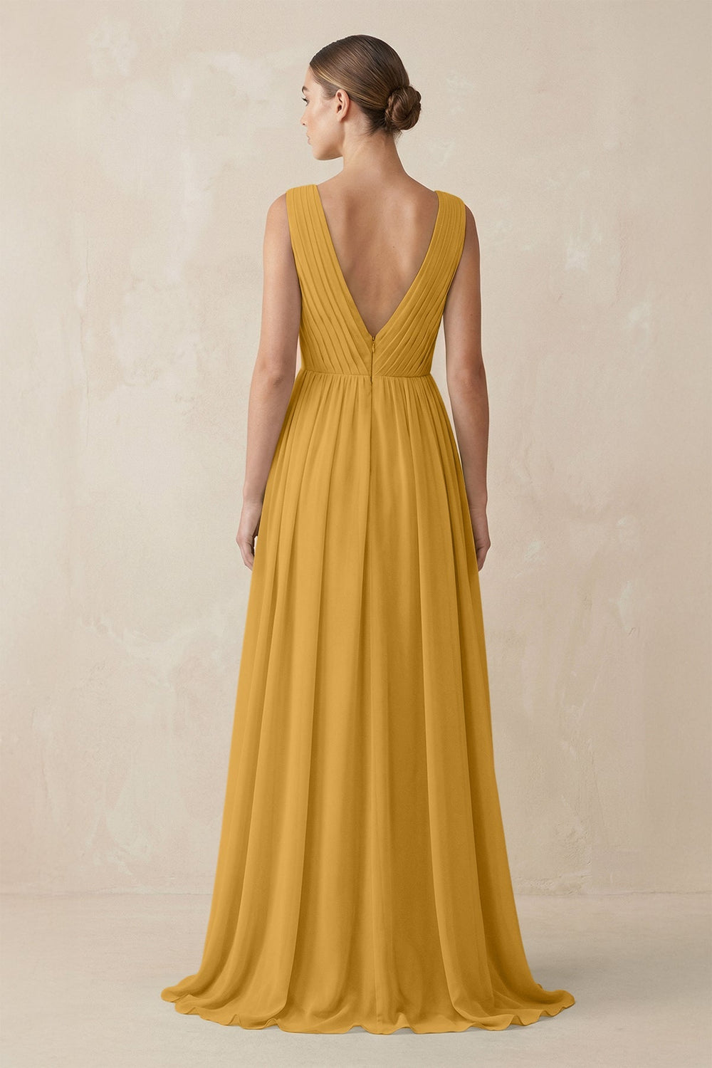 Deep V - Neck Pleated A - Line Chiffon Bridesmaid Dress in Marigold - SHE IS ME Bridesmaid Dresses
