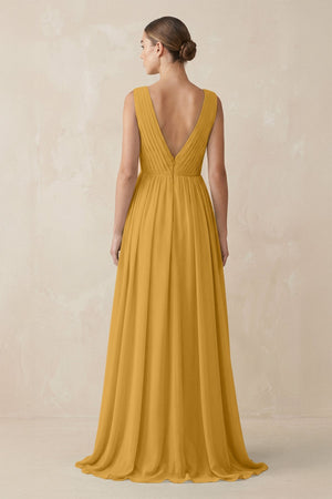 Deep V - Neck Pleated A - Line Chiffon Bridesmaid Dress in Marigold - SHE IS ME Bridesmaid Dresses