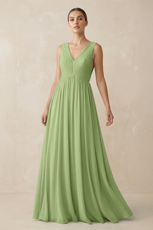 Deep V - Neck Pleated A - Line Chiffon Bridesmaid Dress in Matcha - SHE IS ME Bridesmaid Dresses