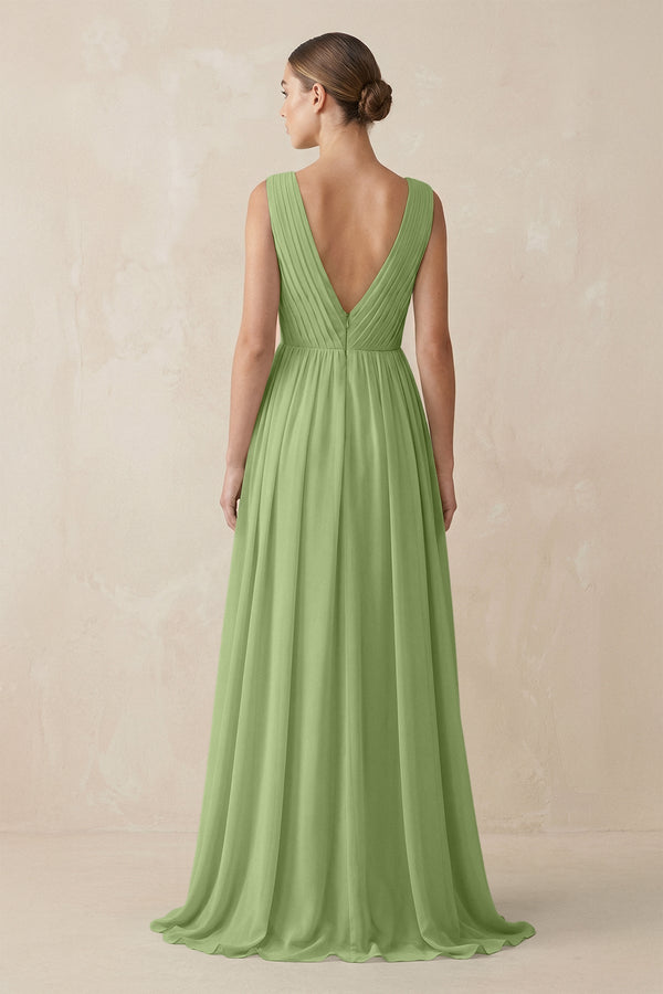 Deep V - Neck Pleated A - Line Chiffon Bridesmaid Dress in Matcha - SHE IS ME Bridesmaid Dresses