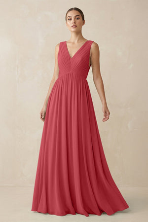 Deep V - Neck Pleated A - Line Chiffon Bridesmaid Dress in Merlot - SHE IS ME Bridesmaid Dresses