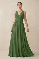 Deep V - Neck Pleated A - Line Chiffon Bridesmaid Dress in Moss - KISS BRIDAL Bridesmaid Dresses
