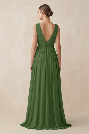 Deep V - Neck Pleated A - Line Chiffon Bridesmaid Dress in Moss - SHE IS ME Bridesmaid Dresses