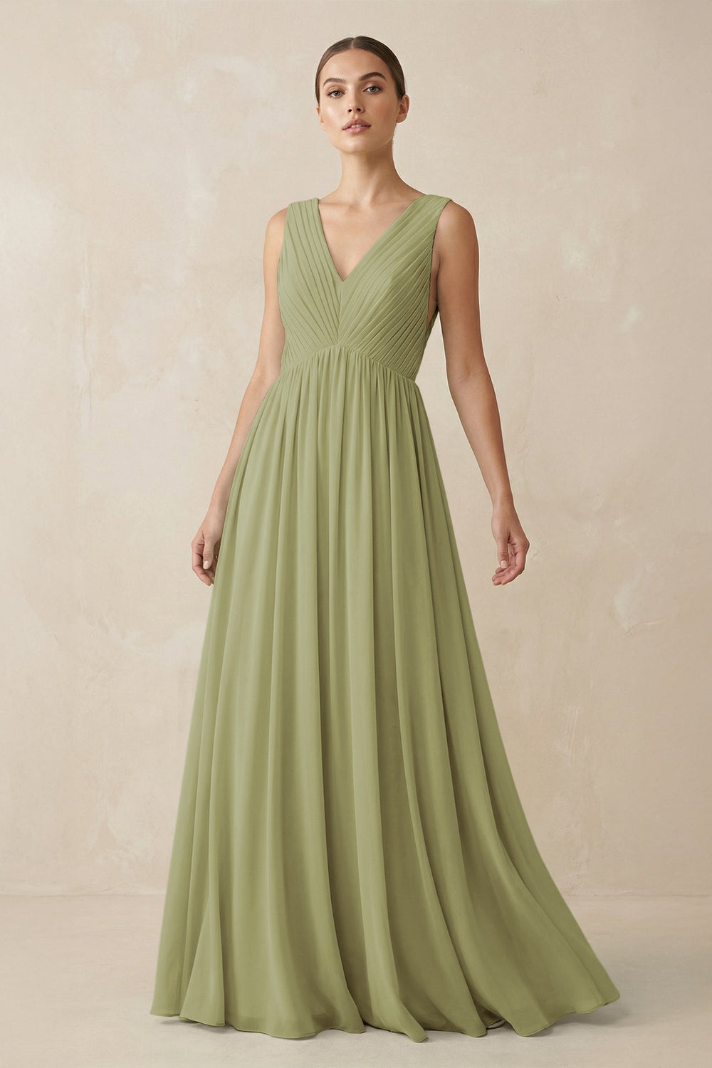 Deep V - Neck Pleated A - Line Chiffon Bridesmaid Dress in Moss Green - SHE IS ME Bridesmaid Dresses