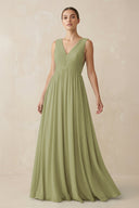 Deep V - Neck Pleated A - Line Chiffon Bridesmaid Dress in Moss Green - SHE IS ME Bridesmaid Dresses