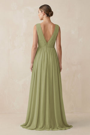 Deep V - Neck Pleated A - Line Chiffon Bridesmaid Dress in Moss Green - SHE IS ME Bridesmaid Dresses