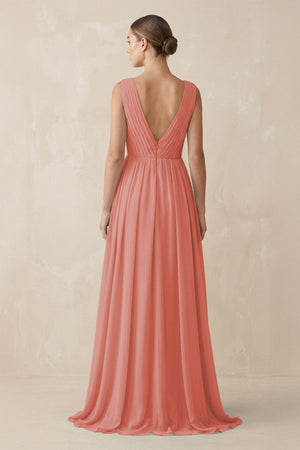 Deep V - Neck Pleated A - Line Chiffon Bridesmaid Dress in Mulberry - SHE IS ME Bridesmaid Dresses