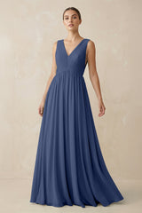 Deep V - Neck Pleated A - Line Chiffon Bridesmaid Dress in Navy - KISS BRIDAL Bridesmaid Dresses