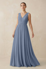 Deep V - Neck Pleated A - Line Chiffon Bridesmaid Dress in Neptune - KISS BRIDAL Bridesmaid Dresses