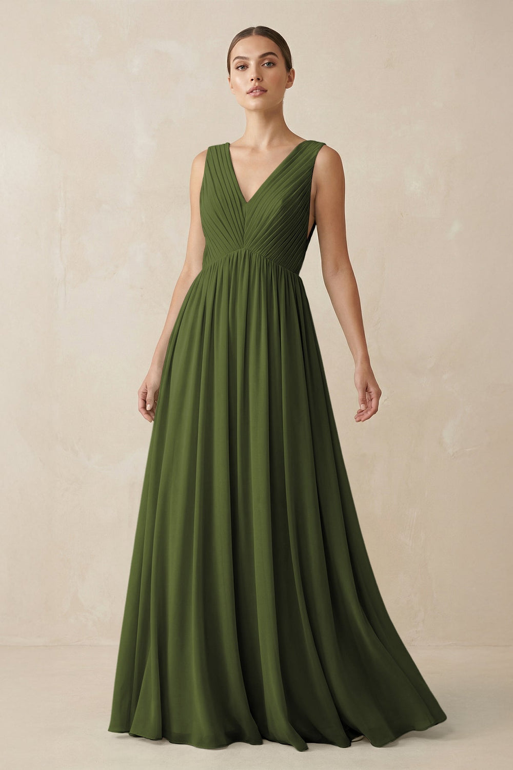 Deep V - Neck Pleated A - Line Chiffon Bridesmaid Dress in Olive - SHE IS ME Bridesmaid Dresses