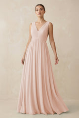 Deep V - Neck Pleated A - Line Chiffon Bridesmaid Dress in Pale Blush - KISS BRIDAL Bridesmaid Dresses