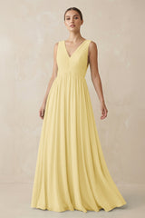Deep V - Neck Pleated A - Line Chiffon Bridesmaid Dress in Pastel Yellow - KISS BRIDAL Bridesmaid Dresses