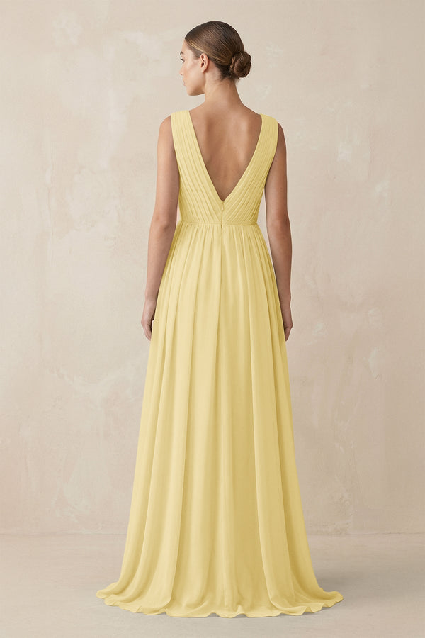 Deep V - Neck Pleated A - Line Chiffon Bridesmaid Dress in Pastel Yellow - SHE IS ME Bridesmaid Dresses